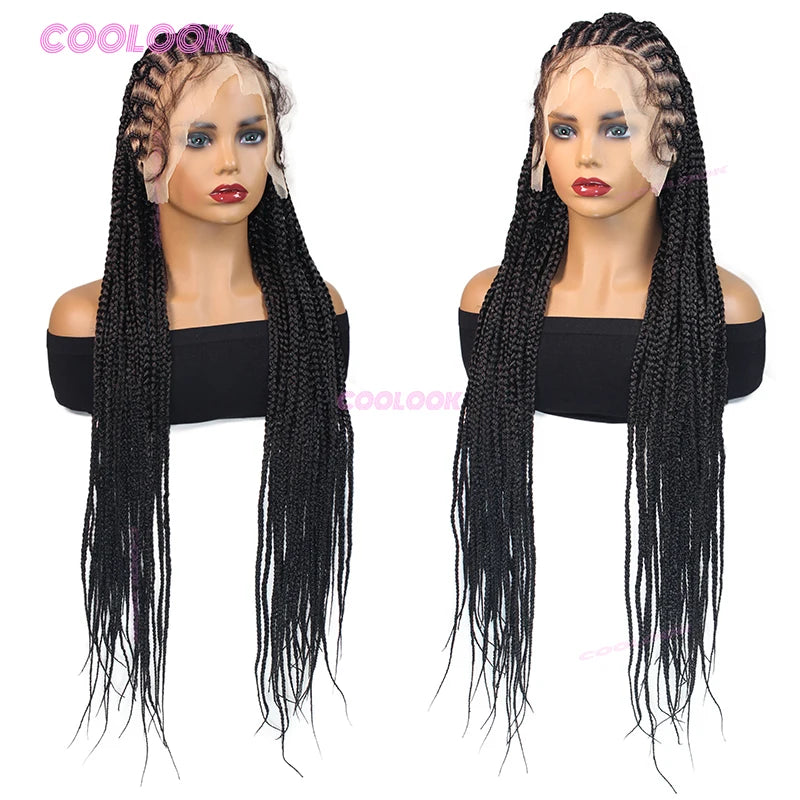 1BBurgundy Cornrow Braids Hair Wigs Synthetic Braided Wigs For Women 36" Knotless Box Braid Wig Full Lace Cornrow Braided Wigs