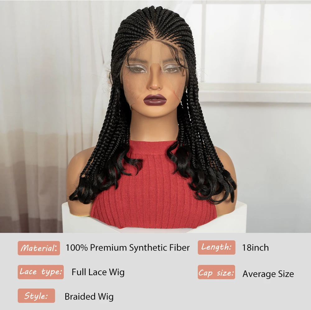 18in Cornrow Braided Wig with Wavy Ends Synthetic Full Lace Braided Lace Wig with Baby Hair Knotless Braids Wigs for Black Women