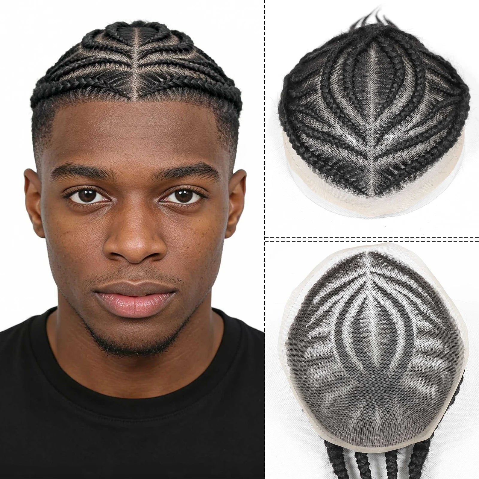 Men's Black Cornrow Box Braided Human Hair Man Toupee Full Lace Male Toupee For Men Afro Cornrow Braids Human Hair Mens Wigs