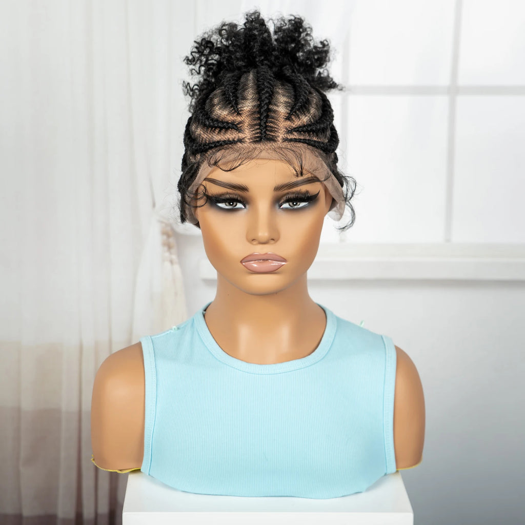 Cornrow Braided Wigs Synthetic Full Lace Braids Wig with Baby Hair Short Afro Curly Knotless Braided Lace Wig for Black Women