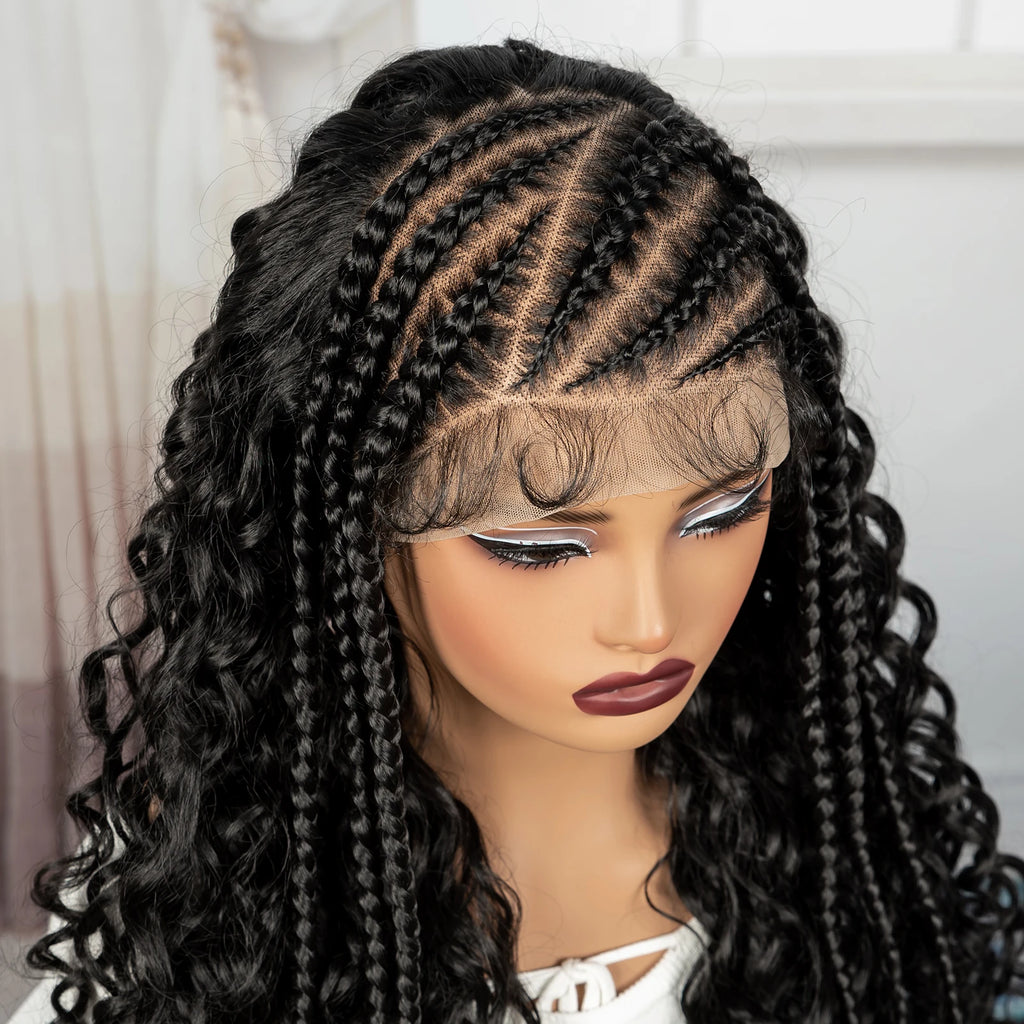 26Inch Cornrow Braided Wigs 13x6 Transparent Lace Front Deep Wave Hair Wigs Synthetic Kinky Curly Brazilian Hair Wigs for Women