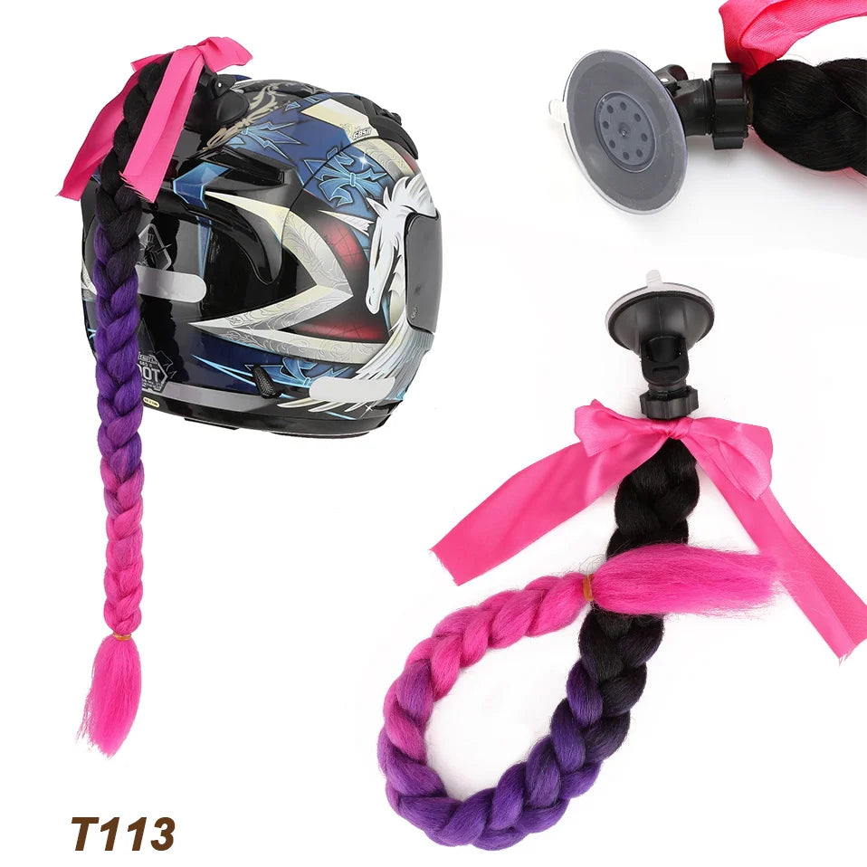 Benehair Syntheitc Helmet Pigtails Gradient Ramp Helmet Braids Ponytail Hair with Suction Cup with Bowknot for Motor Bike 1PCS