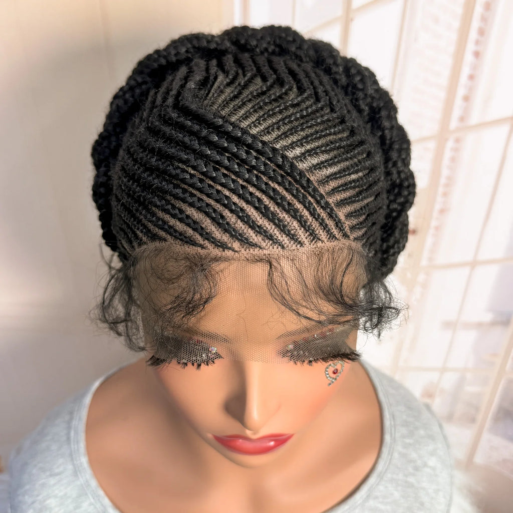 Short Full Lace Braiding Wig Synthetic Cornrow Knotless Box Braided Wigs Natural African Bantu Braids Wig for Black Women