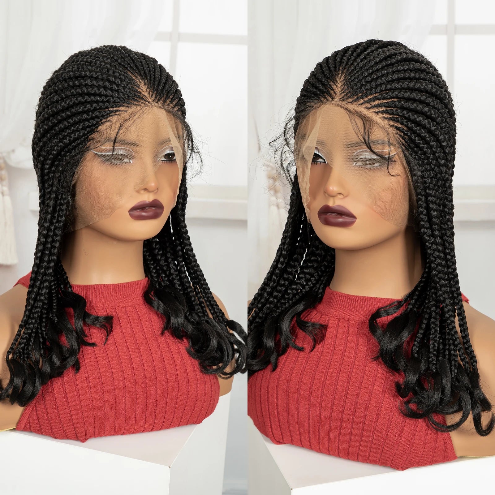 18in Cornrow Braided Wig with Wavy Ends Synthetic Full Lace Braided Lace Wig with Baby Hair Knotless Braids Wigs for Black Women