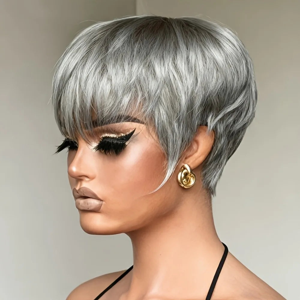Human Hair Wig - Short 6-Inch Pixie with Gray# Color, 150% Density Natural Look,full machine made wig for Casual Attire & for ha