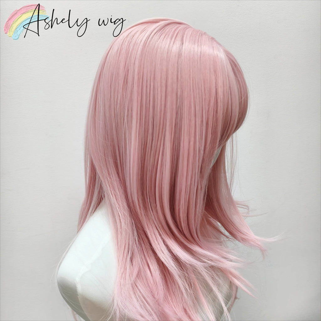 Ashely Pink Wig Lolita Female Headband Body Wavy Rose Hair Models in French Bangs High Level Simulation Hair Wig Synthetic 가발