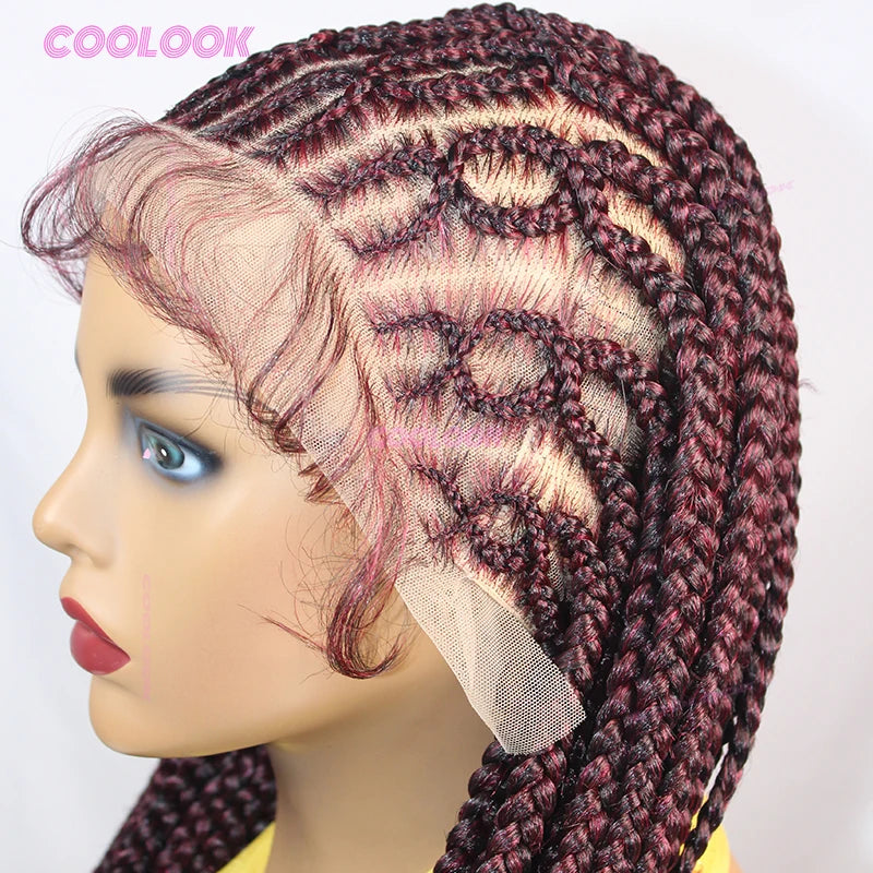 1BBurgundy Cornrow Braids Hair Wigs Synthetic Braided Wigs For Women 36" Knotless Box Braid Wig Full Lace Cornrow Braided Wigs