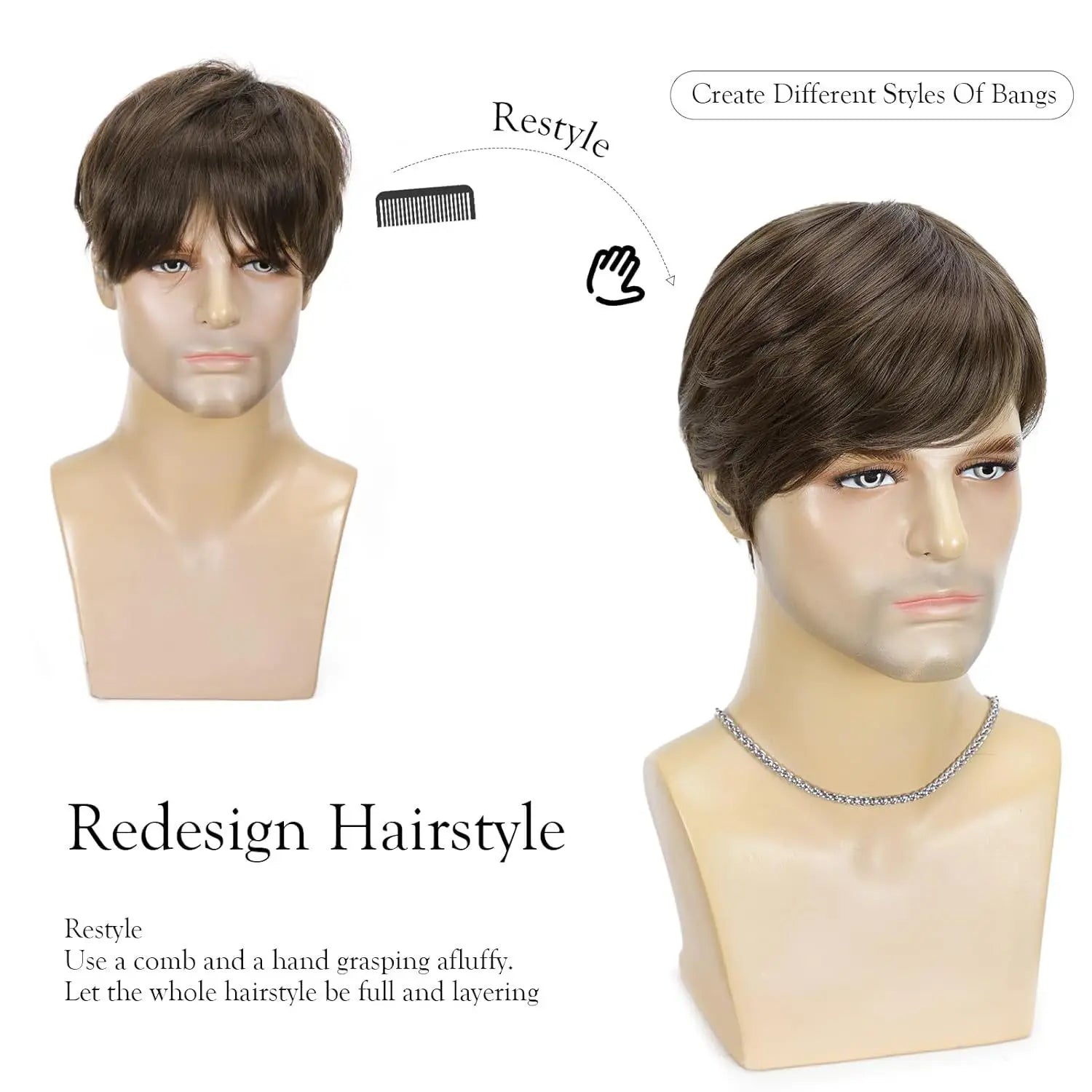 Synthetic Wigs for Men: Brown Side-Swept Short Straight Hair, Business Style, Full