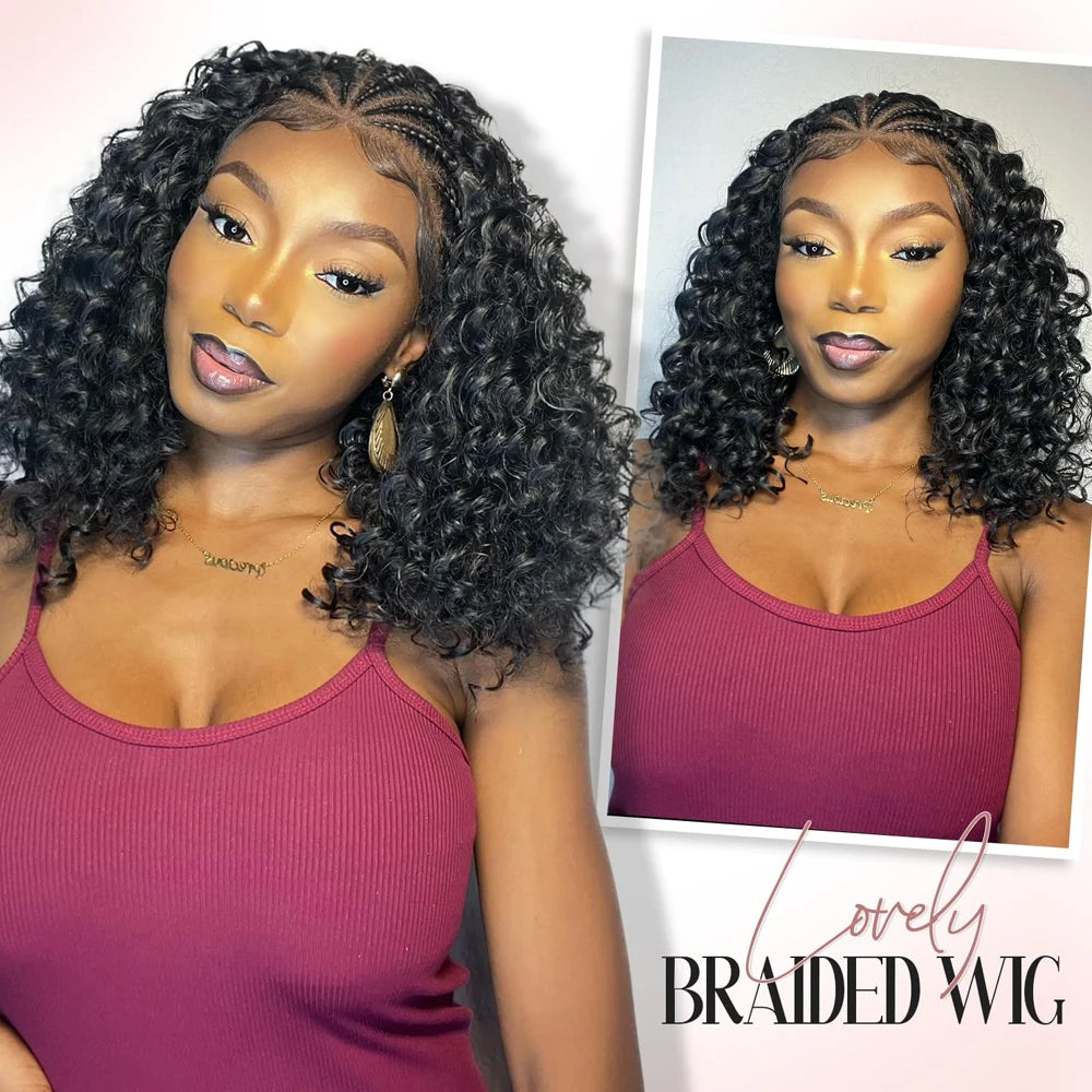 Cornrow Braided Wig with Curly Hair for Black Women 13X4 Synthetic Lace Frontal Handmade Braided Curly Bob Wigs with Baby Hair