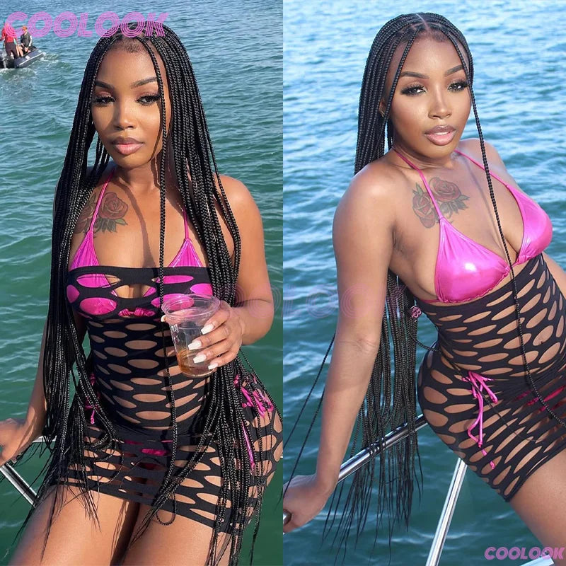 36" Synthetic Box Braided Wigs For Black Women Cornrow Braids Lace Wigs Braids African Wigs