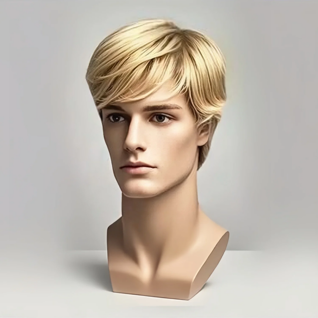Men's Full Head Golden Synthetic Wigs, Heat Resistant Straight Style, Suitable for Stage Performances and Daily Wear