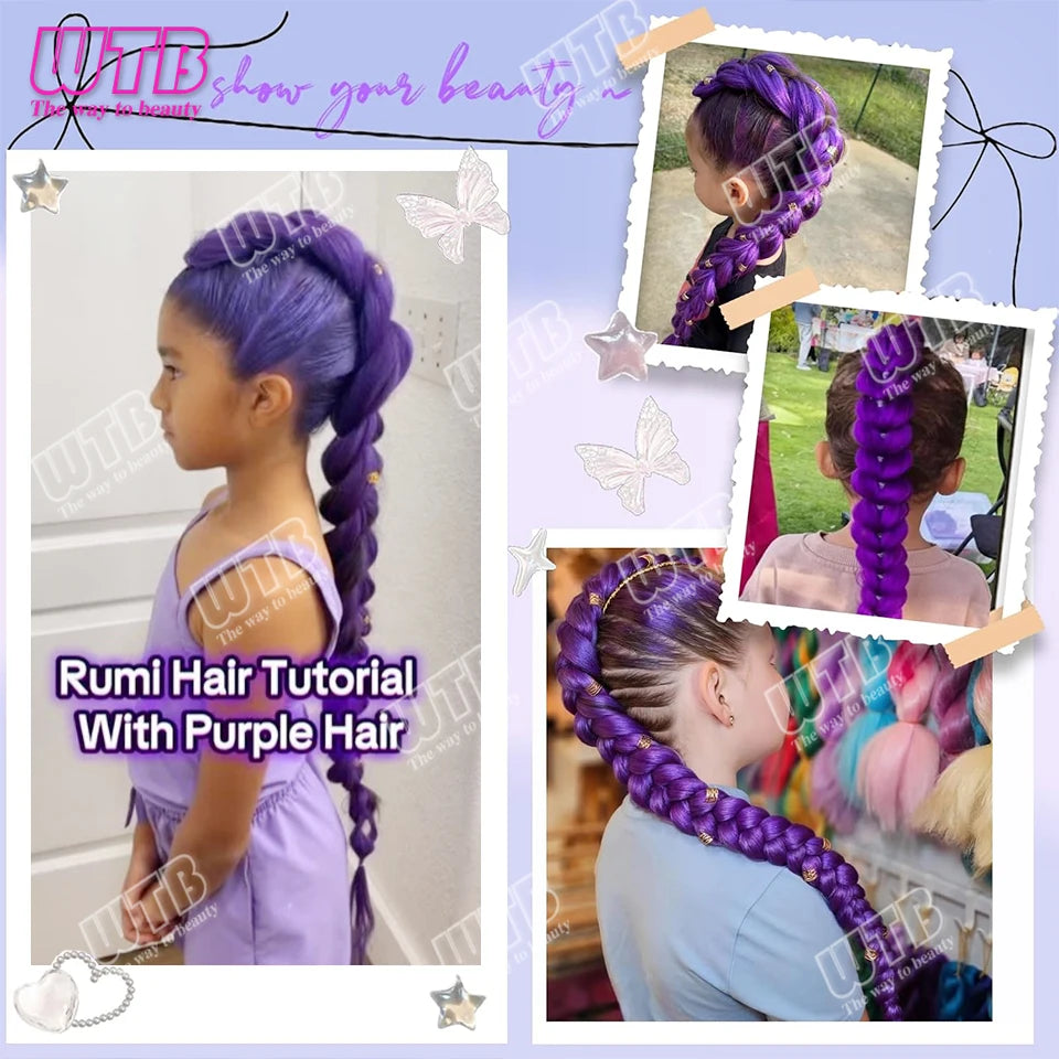 26 inch Purple Braids Ponytail Rubber Band Pre Braiding Hair Synthetic Purple Hair Extensions for Halloween Costume Cosplay