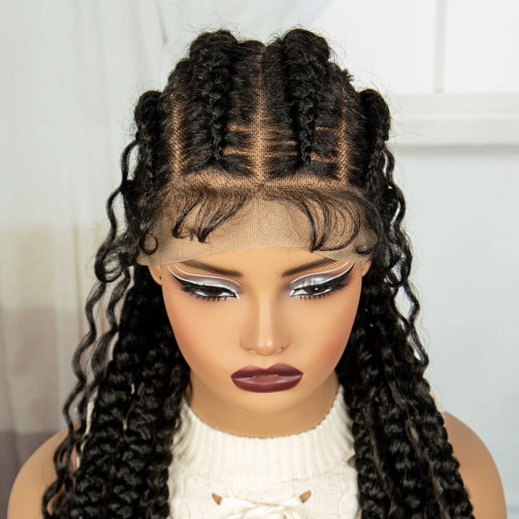 34Inch Cornrow Braided Wigs with Curly ends Synthetic Full Lace Braids Wigs Lace Frontal Braided Lace Wig for Black Women