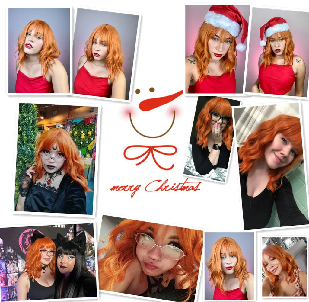 Short Copper Ginger Synthetic Natural Wavy Wigs Hair Orange Halloween Bob Wig with Bangs Heat Resistant for Women Cosplay Wig