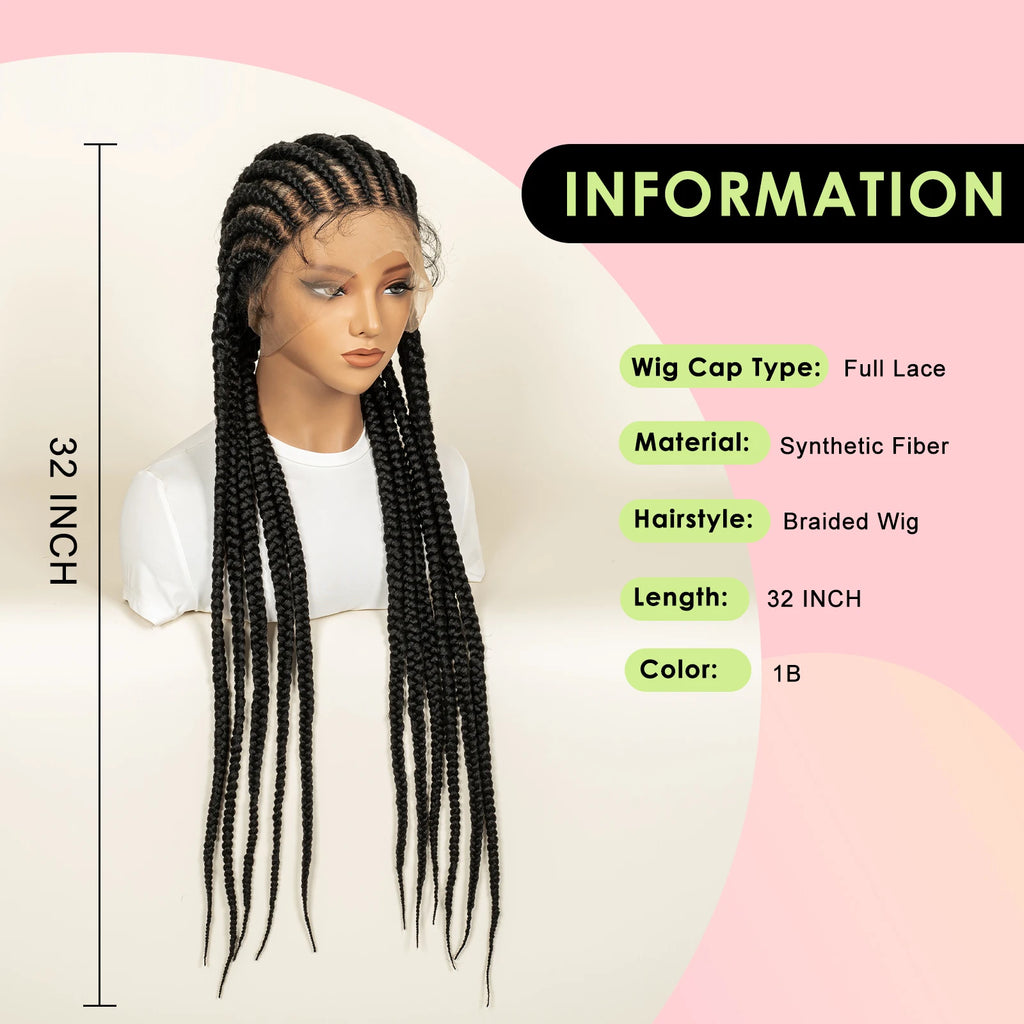 Protective Cornrow Braided Wigs Jumbo Braids 32inches Neatly Braided Full Lace Synthetic Wigs for Black Women