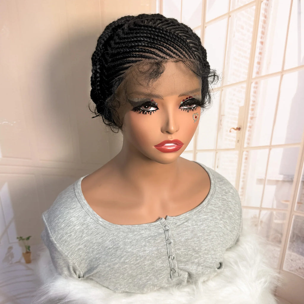 Short Full Lace Braiding Wig Synthetic Cornrow Knotless Box Braided Wigs Natural African Bantu Braids Wig for Black Women