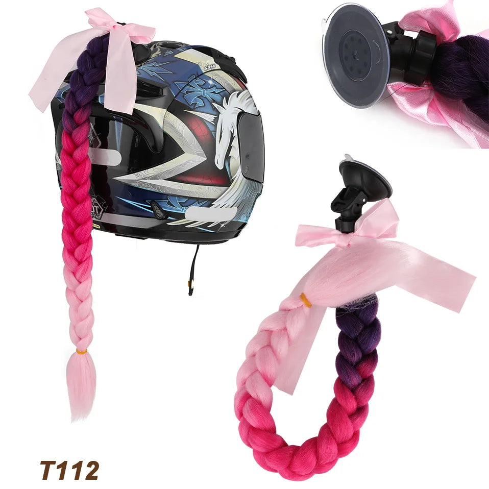 Benehair Syntheitc Helmet Pigtails Gradient Ramp Helmet Braids Ponytail Hair with Suction Cup with Bowknot for Motor Bike 1PCS