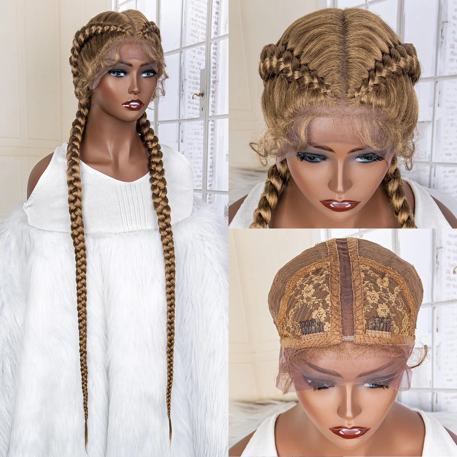 36 Inches Cornrow Braided Wigs Synthetic Lace Front Braids Wigs for Black Women Long Lace Wigs Double Braid Knotless