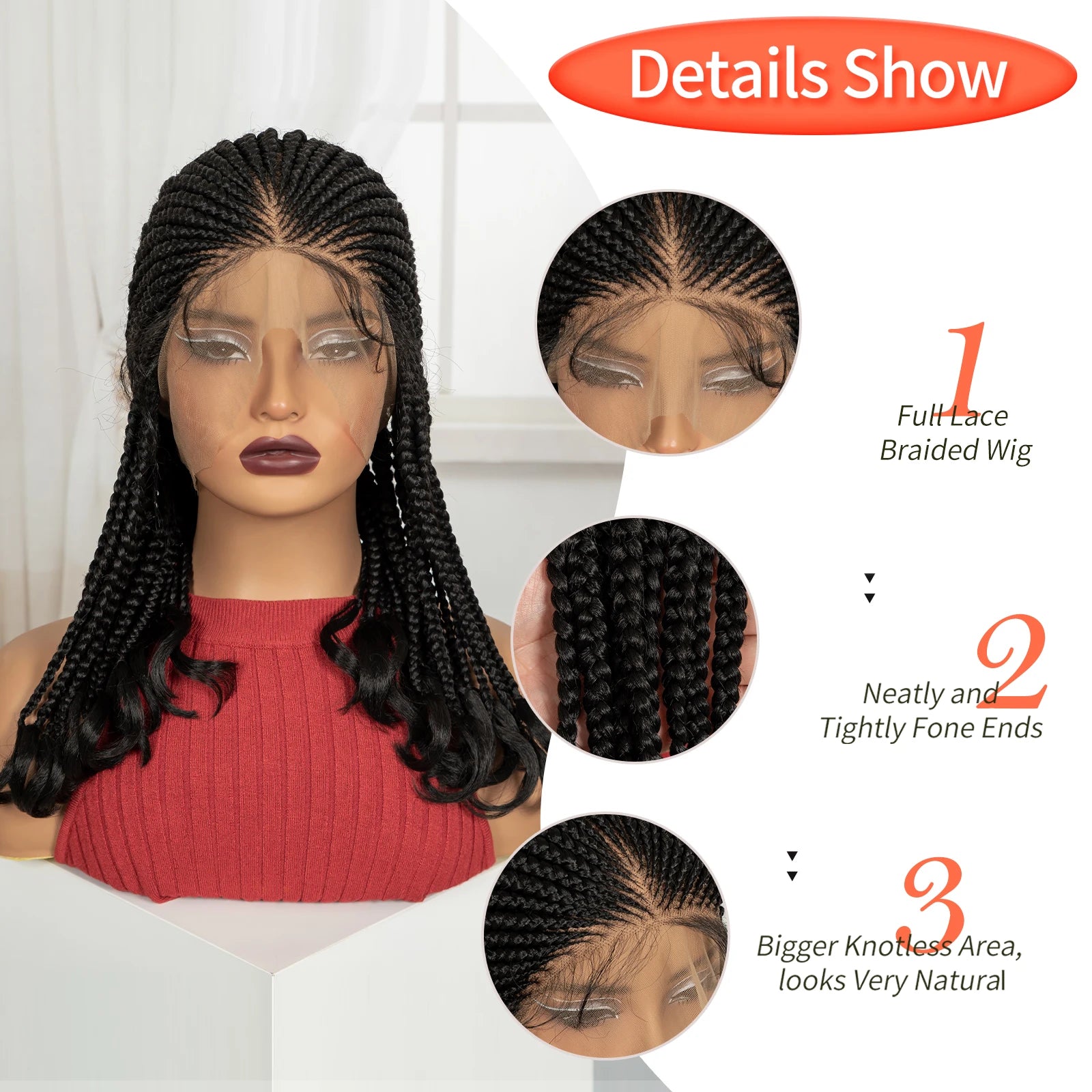 18in Cornrow Braided Wig with Wavy Ends Synthetic Full Lace Braided Lace Wig with Baby Hair Knotless Braids Wigs for Black Women