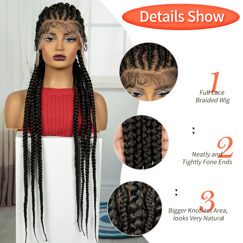 Handmade Cornrow Braided Wigs 36Inch Synthetic Lace Frontal BraidingHair Wigs Knotless Braids Wigs for Black Women