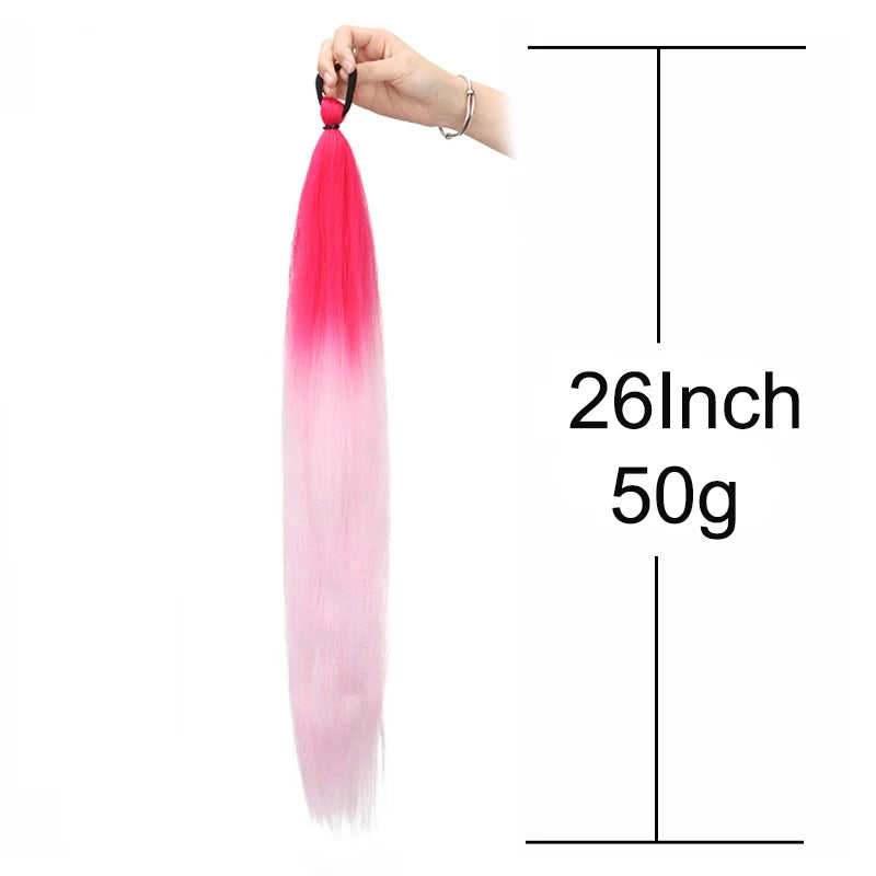 26Inch Synthetic Ponytail Extension with Elastic Tie Hair Band Long Yaki Straight Colored Braiding Ponytail Ombre Colors