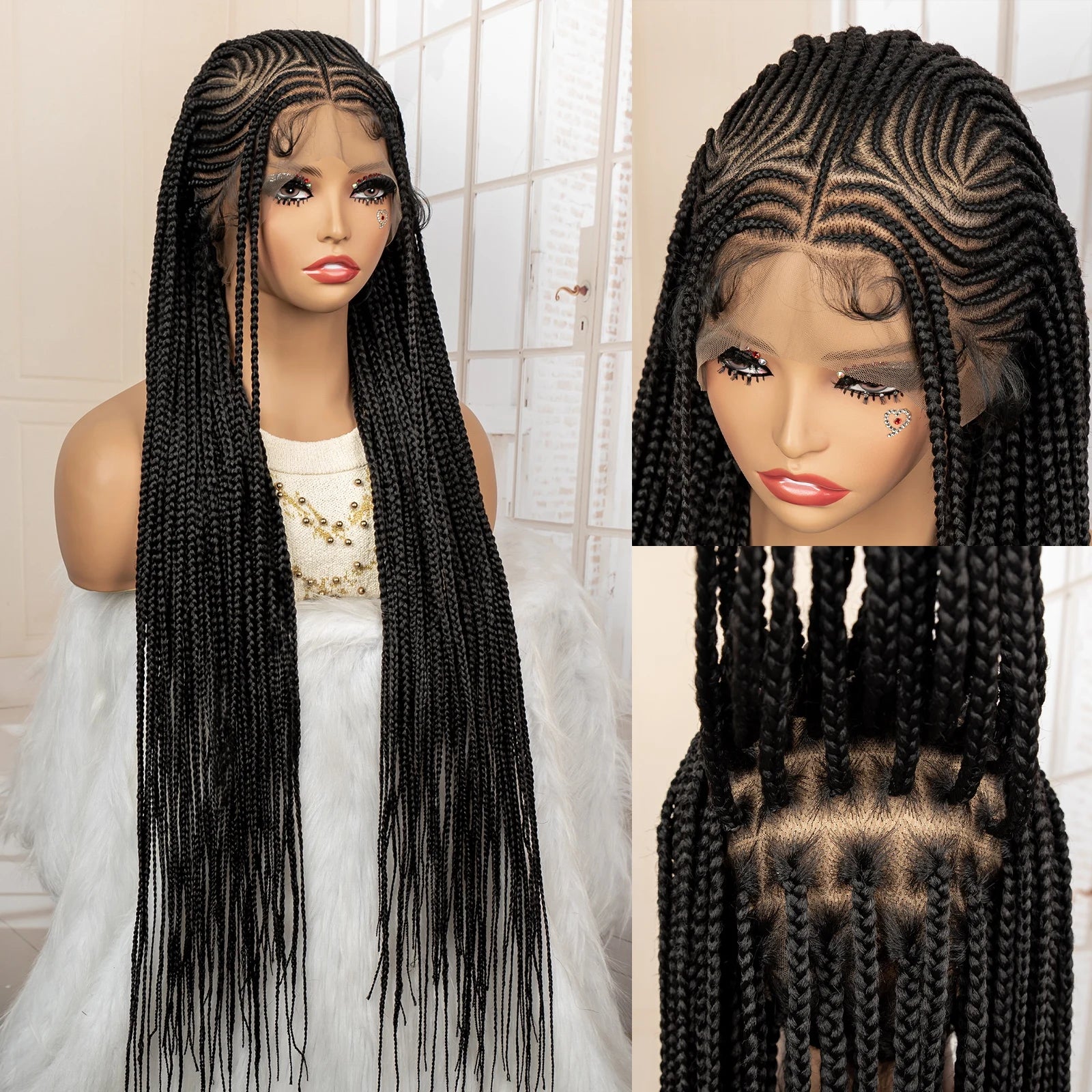 African Braided Hair Wigs Synthetic Full Lace Cornrow Knotless Box Braiding Wigs for Black Women Lace Frontal Crochet Braids Wig