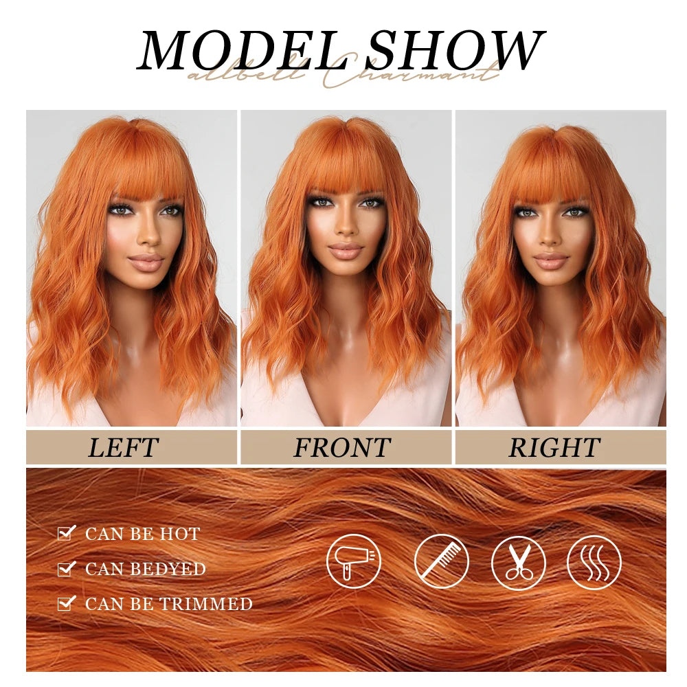 Short Copper Ginger Synthetic Natural Wavy Wigs Hair Orange Halloween Bob Wig with Bangs Heat Resistant for Women Cosplay Wig