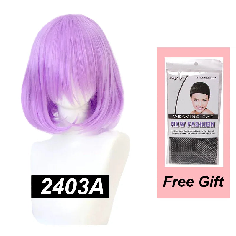 Snoya 35cm Synthetic short bob straight hair with trimmable bangs Lolita pink green blonde red cosplay wigs for women+wig cap