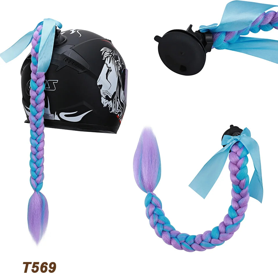 Benehair Syntheitc Helmet Pigtails Gradient Ramp Helmet Braids Ponytail Hair with Suction Cup with Bowknot for Motor Bike 1PCS