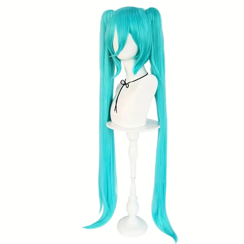 Synthetic medium-length blue mixed straight hair role-playing wig, featuring a double-curled ponytail,
