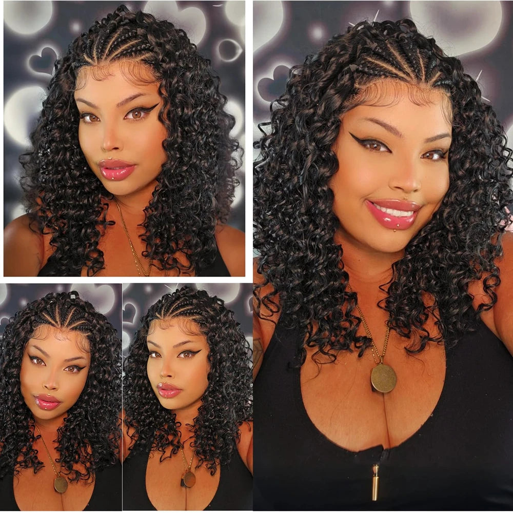 Cornrow Braided Wig with Curly Hair for Black Women 13X4 Synthetic Lace Frontal Handmade Braided Curly Bob Wigs with Baby Hair