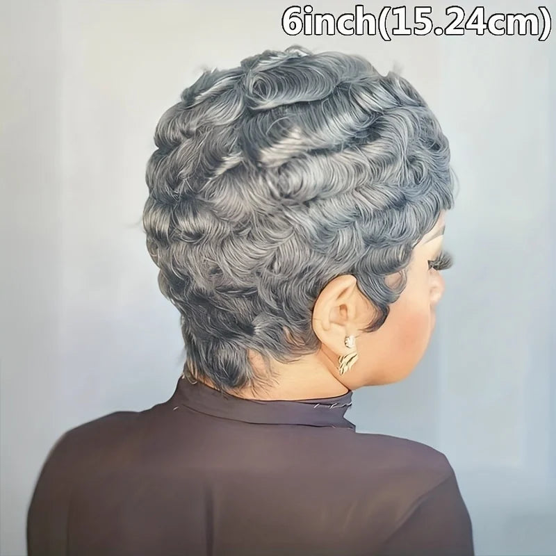 Human Hair Wig 6Inch Natural Grey with Loose Curls180% Density Machine-Made Wig with Rose Net Cap Comfortable Fit for Daily Wear