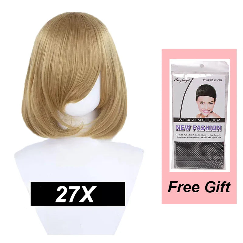 Snoya 35cm Synthetic short bob straight hair with trimmable bangs Lolita pink green blonde red cosplay wigs for women+wig cap