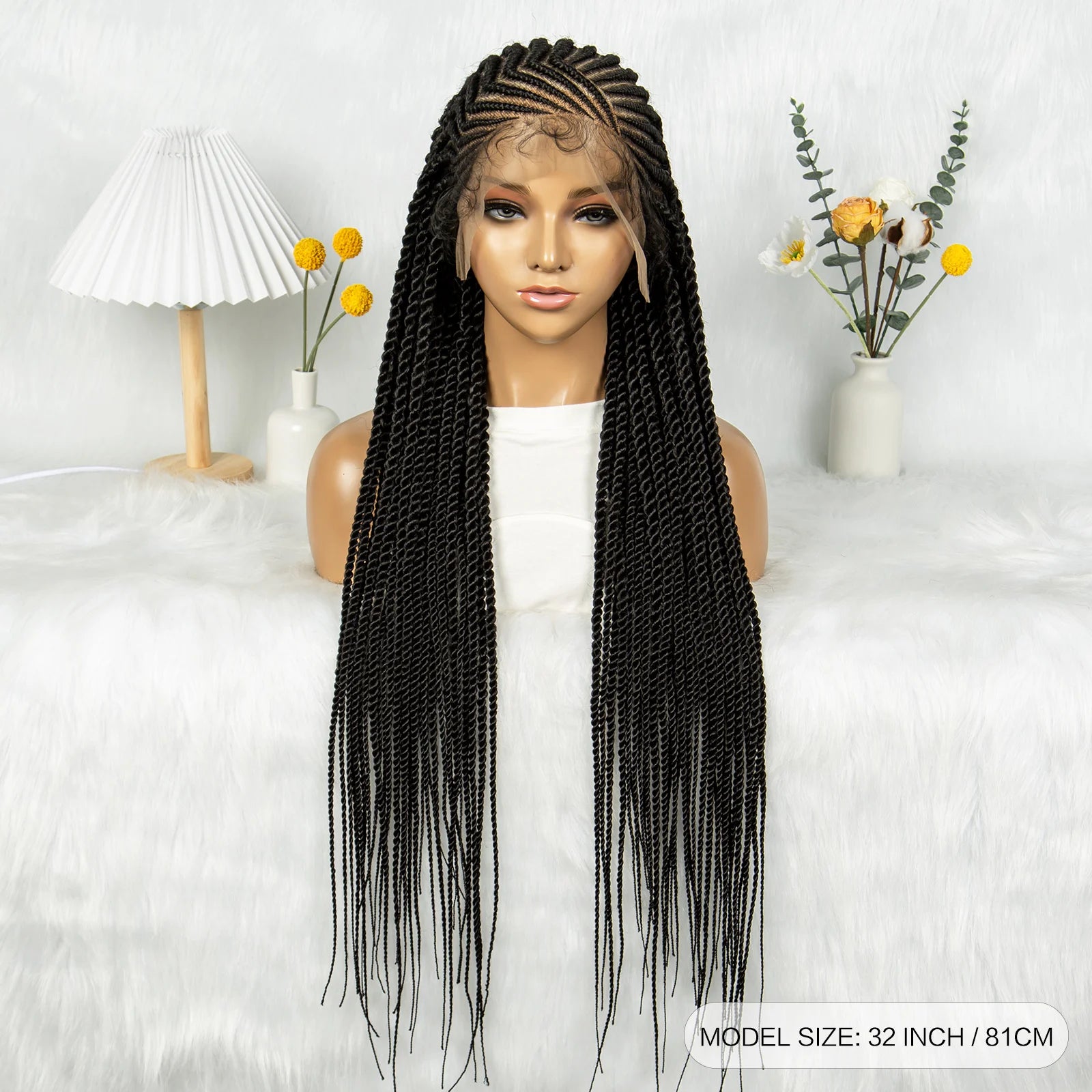 32Inch Cornrow Braided Wigs Synthetic Box Braids Wig Full Lace  Braided Wig for Black Women Blended Lace Front Braiding Hair Wig