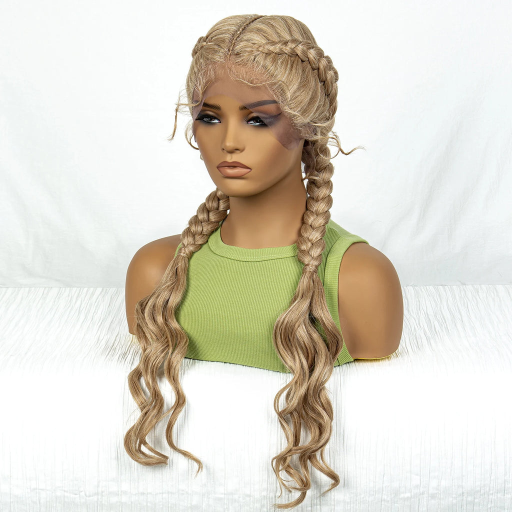 Synthetic Cornrow Braided Wigs with Curly Wave for Women Lace Frontal Afro Hair Braids Wig with Baby Hair for Girls 30 Inches