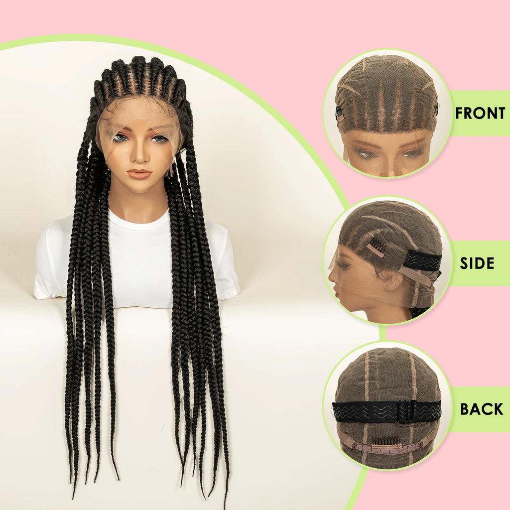 Protective Cornrow Braided Wigs Jumbo Braids 32inches Neatly Braided Full Lace Synthetic Wigs for Black Women