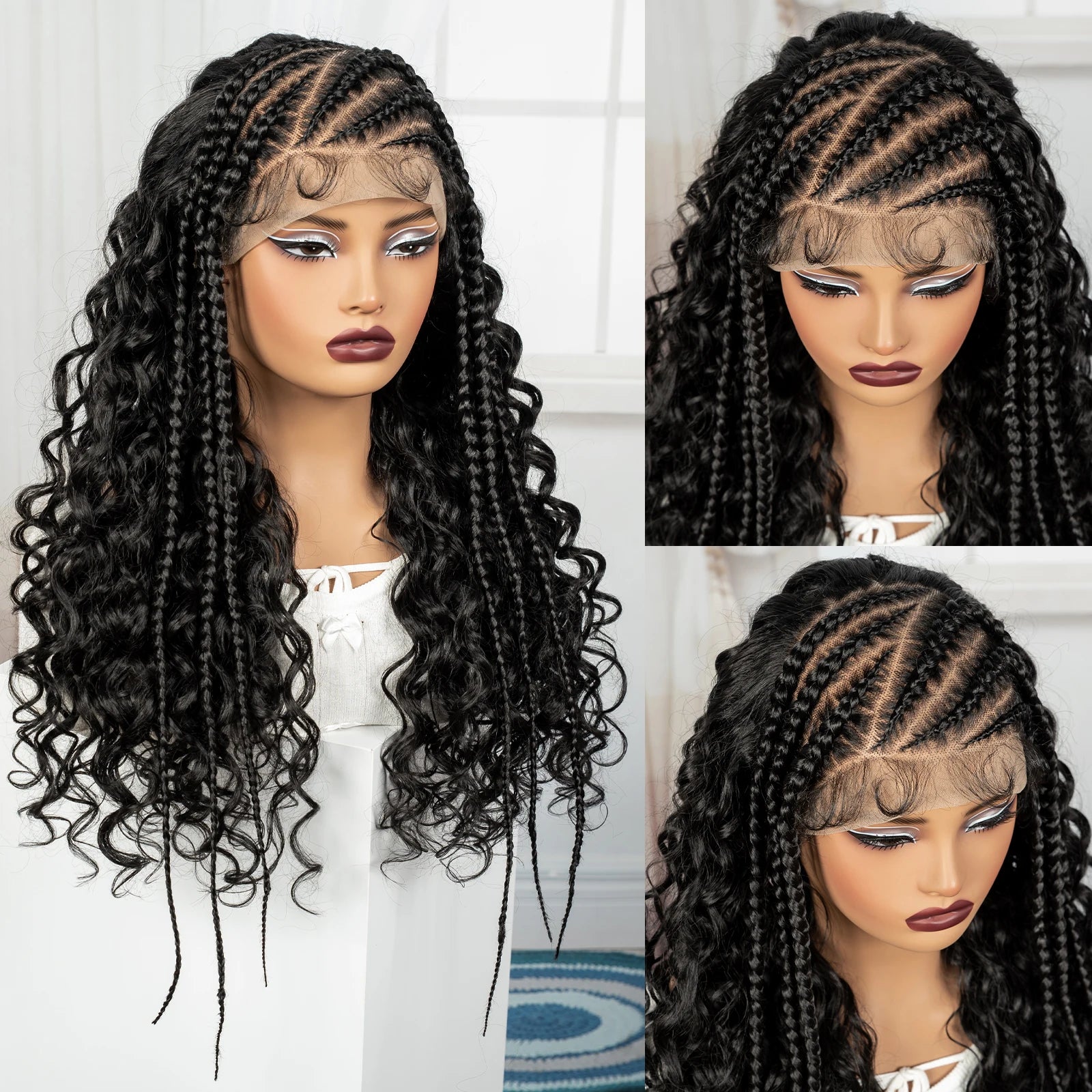 26Inch Cornrow Braided Wigs 13x6 Transparent Lace Front Deep Wave Hair Wigs Synthetic Kinky Curly Brazilian Hair Wigs for Women