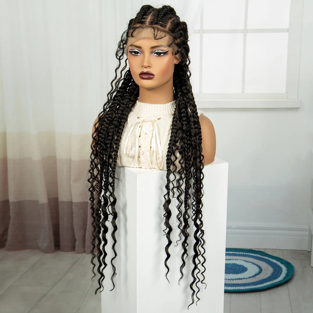 34Inch Cornrow Braided Wigs with Curly ends Synthetic Full Lace Braids Wigs Lace Frontal Braided Lace Wig for Black Women