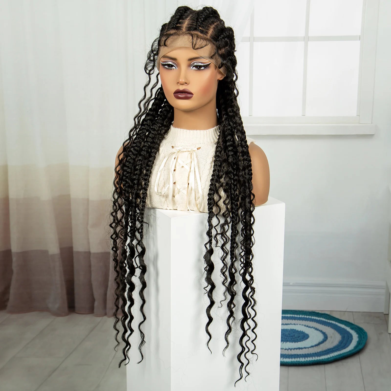 34Inch Cornrow Braided Wigs with Curly ends Synthetic Full Lace Braids Wigs Lace Frontal Braided Lace Wig for Black Women