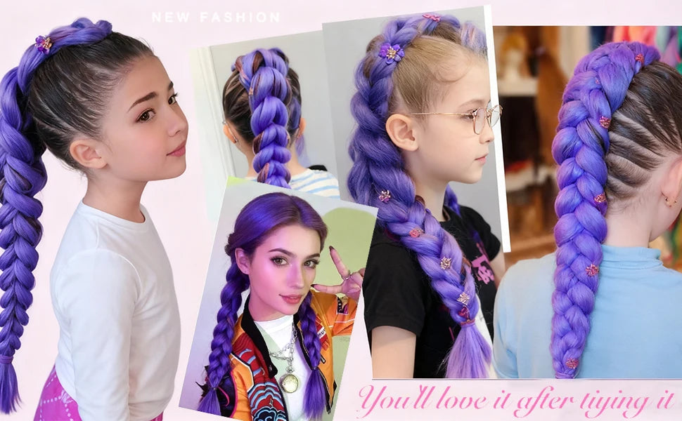 2PC Synthetic Purple Ponytail Extension with Rubber Band Long Straight DIY Braided Pony Tail Hairpiece Women Hair Accessories