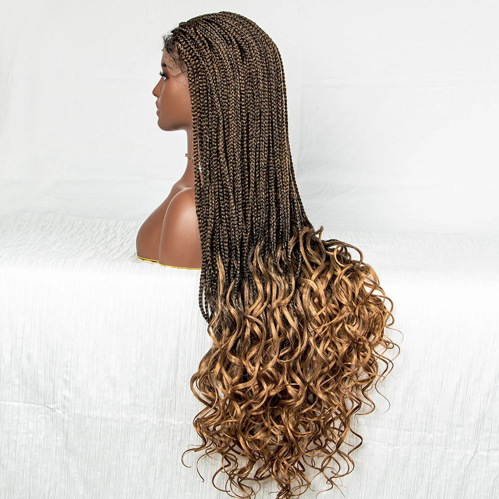 Lace Front Synthetic Cornrow Braids Wig Wavy Ends 9x6 Lace Long Cornrow Braided Wig Knotless Afro Braiding Hair Wavy Ends Wig