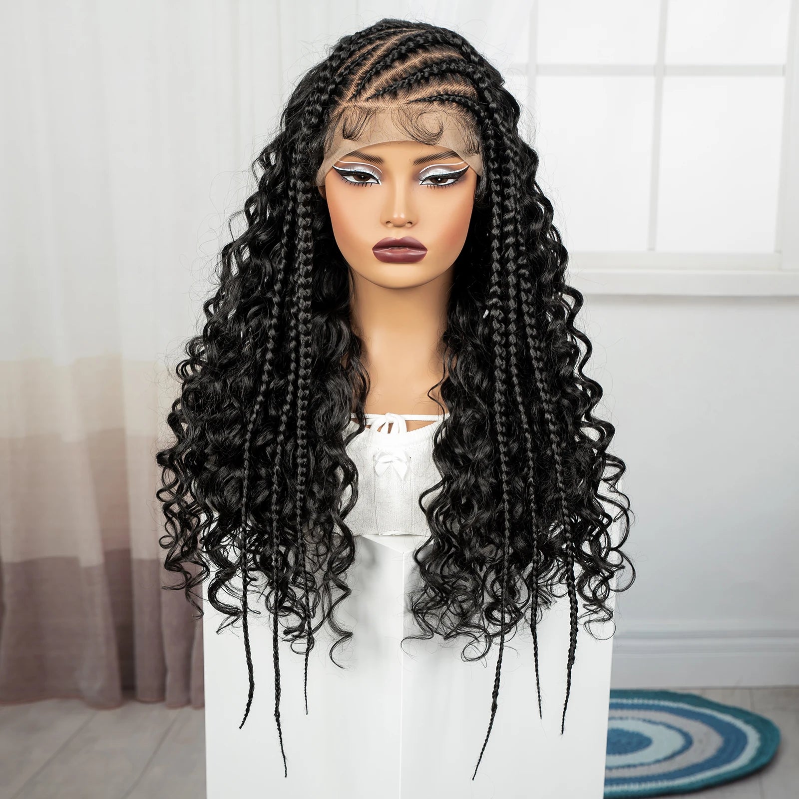 26Inch Cornrow Braided Wigs 13x6 Transparent Lace Front Deep Wave Hair Wigs Synthetic Kinky Curly Brazilian Hair Wigs for Women