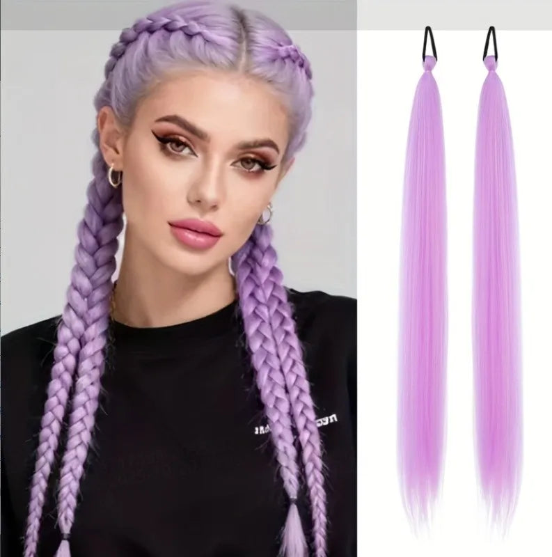 2PC Synthetic Purple Ponytail Extension with Rubber Band Long Straight DIY Braided Pony Tail Hairpiece Women Hair Accessories