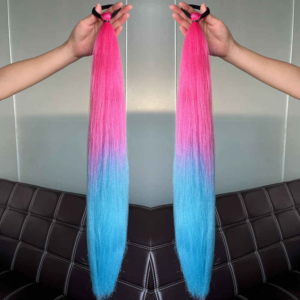 Synthetic 2Pcs Straight Ponytail With Elastic Hair Tie Colorful Braiding Ponytail Hair Extensions Hair Accessories For Women