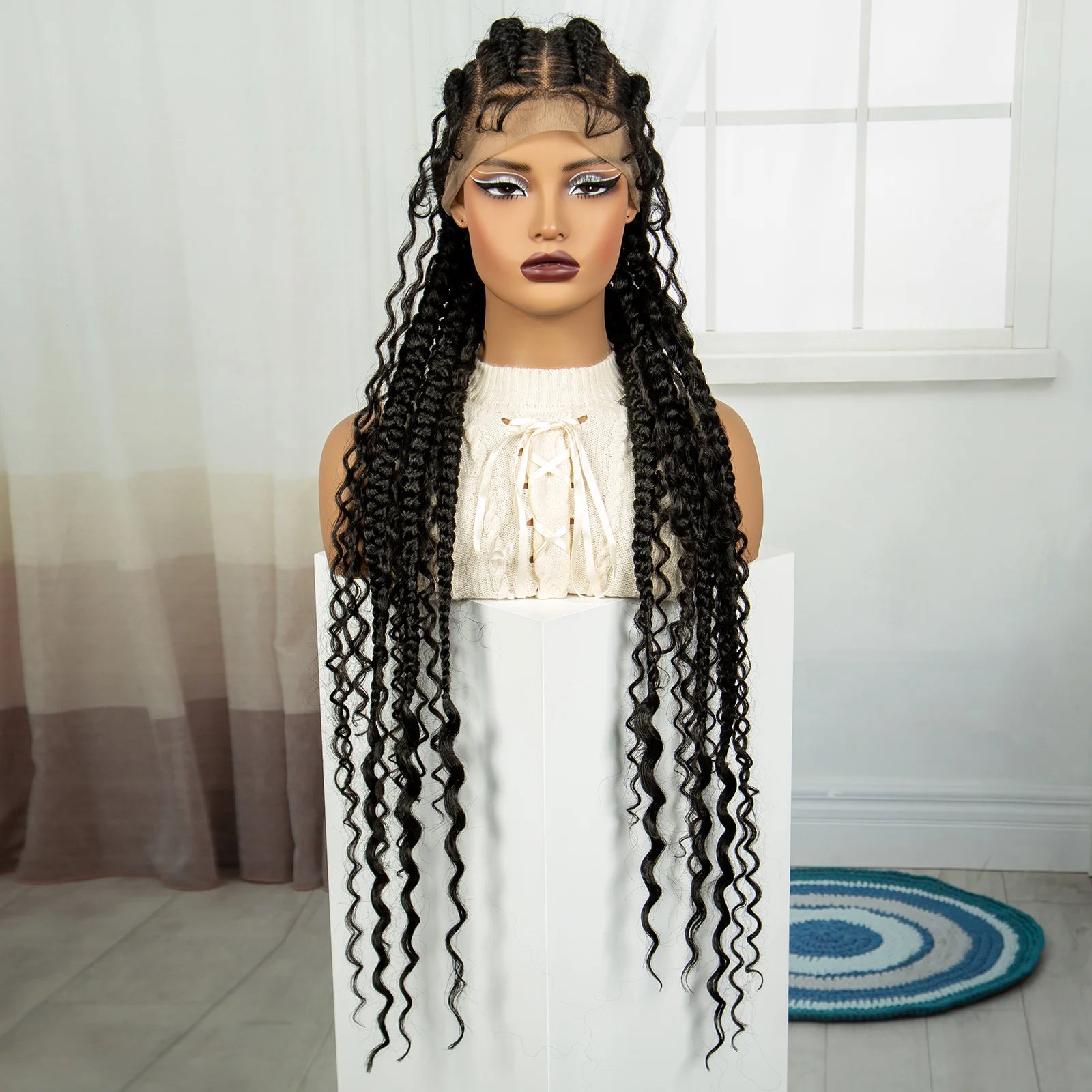 34Inch Cornrow Braided Wigs with Curly ends Synthetic Full Lace Braids Wigs Lace Frontal Braided Lace Wig for Black Women
