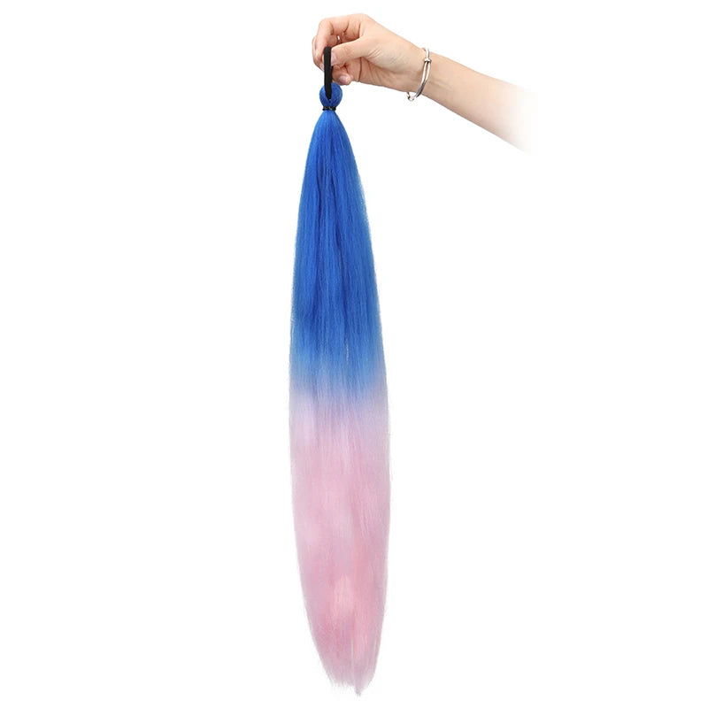 26Inch Synthetic Ponytail Extension with Elastic Tie Hair Band Long Yaki Straight Colored Braiding Ponytail Ombre Colors