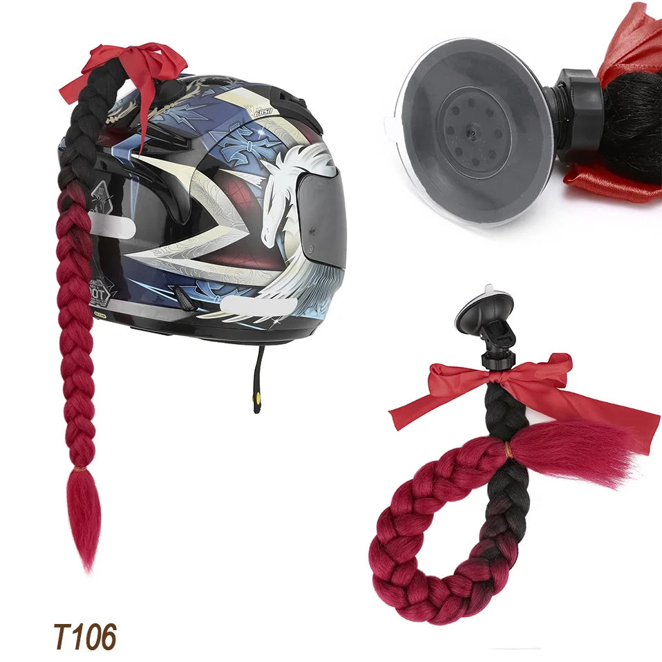 Benehair Syntheitc Helmet Pigtails Gradient Ramp Helmet Braids Ponytail Hair with Suction Cup with Bowknot for Motor Bike 1PCS