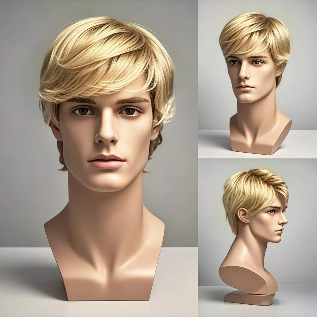 Men's Full Head Golden Synthetic Wigs, Heat Resistant Straight Style, Suitable for Stage Performances and Daily Wear