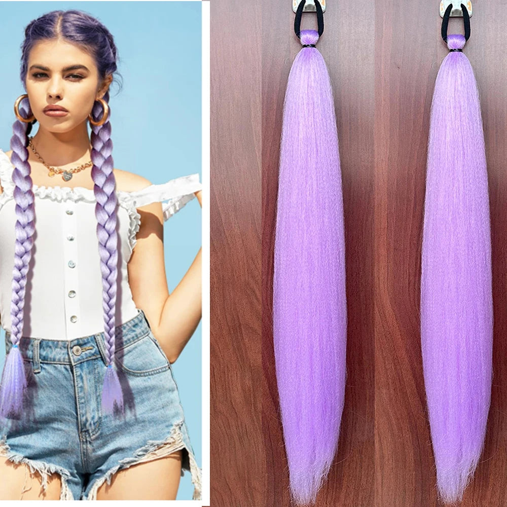 2PC Synthetic Purple Ponytail Extension with Rubber Band Long Straight DIY Braided Pony Tail Hairpiece Women Hair Accessories