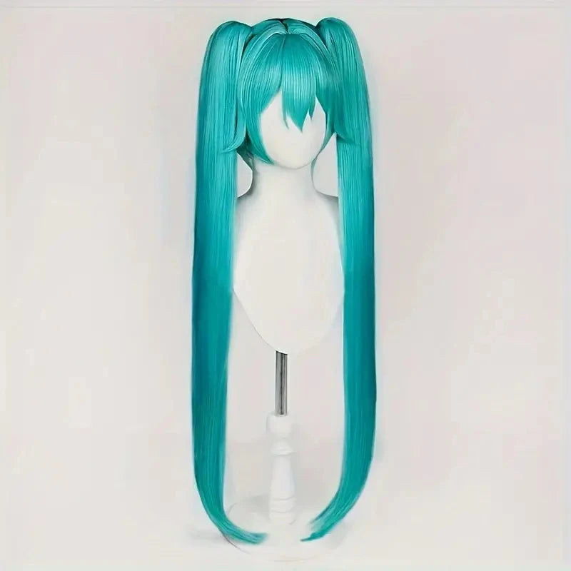 Synthetic medium-length blue mixed straight hair role-playing wig, featuring a double-curled ponytail,
